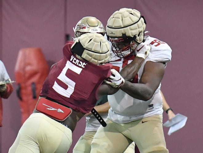 FSU defensive end Jared Verse squares off against offensive tackle Bless Harris during practice.