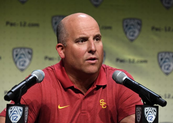 USC football coach Clay Helton during his press conference at Pac-12 Media Day on Wednesday in Hollywood.