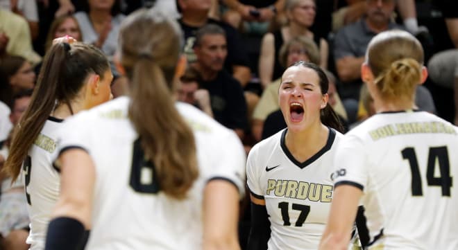 Purdue Boilermakers Eva Hudson (17) celebrates with teammates during the NCAA women s volleyball match against the Creighton Bluejays, Saturday, Aug. 26, 2023, at Purdue University s Holloway Gymnasium in West Lafayette, Ind. Creighton won 3-0.
