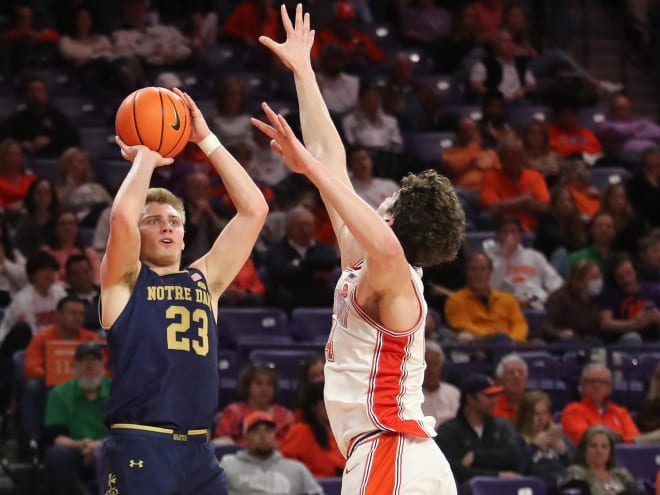 Notre Dame's Dane Goodwin (23) shoots over Clemson's PJ Hall (24) in the second half of a 76-61 Irish victory at Clemson.
