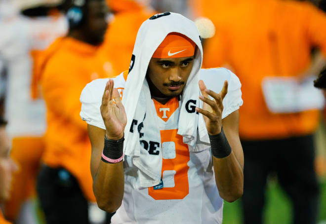 Nov 11, 2023; Columbia, Missouri, USA; Tennessee Volunteers quarterback Nico Iamaleava (8) reacts during the second half against the Missouri Tigers at Faurot Field at Memorial Stadium.