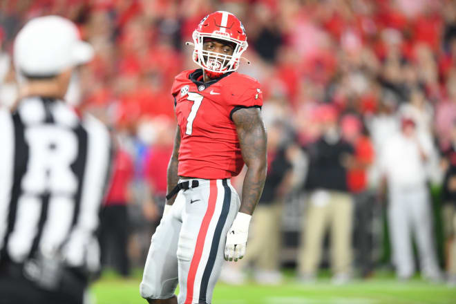 Georgia linebacker Quay Walker (36) participates in the broad jump