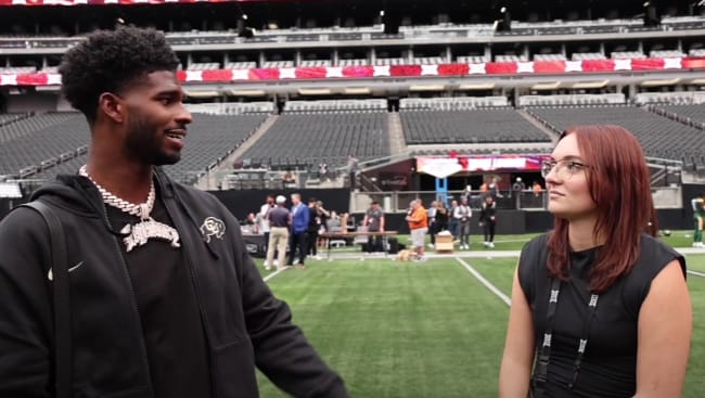 Shedeur Sanders speaking with Nikki Edwards at Big 12 Media Days