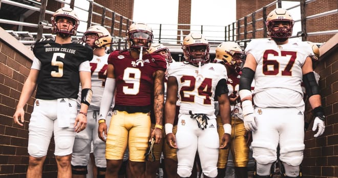 Left tackle Jack Conley (far right) lines up before BC's spring game (Photo courtesy of BC Athletics).