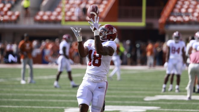 Alabama Crimson Tide receiver Shazz Preston catches a ball during warmups. Photo | Alabama Athletics 