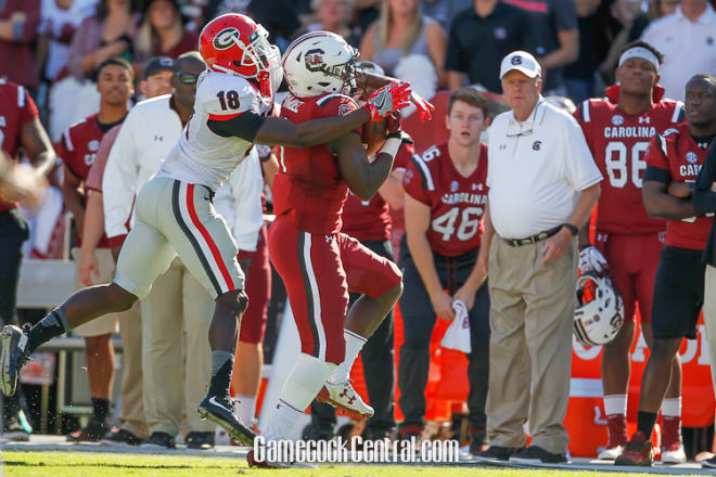 Deebo Samuel had four catches for 90 yards against Georgia including this sideline grab.