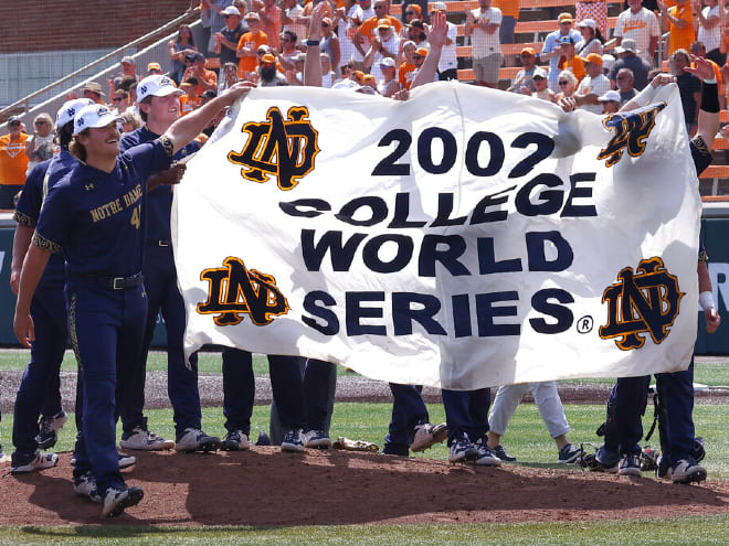 Notre Dame baseball celebrated its berth in the 2022 College World Series with a banner from the program's last trip to the College World Series in 2002.
