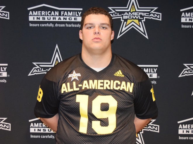 2019 four-star Pittsburg (Calif.) defensive tackle Jacob Bandes presented with his All-American bowl jersey. 