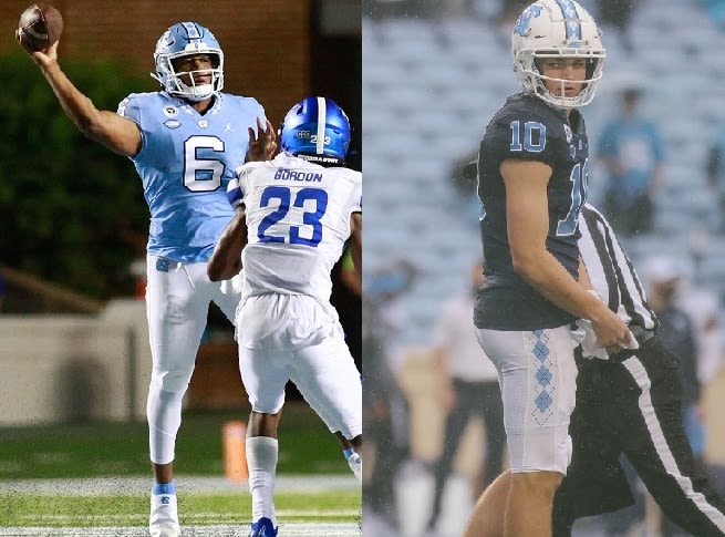 The QB battle between Jacolby Criswell (left) and Drake Maye (right) continues as fall camp begins. 