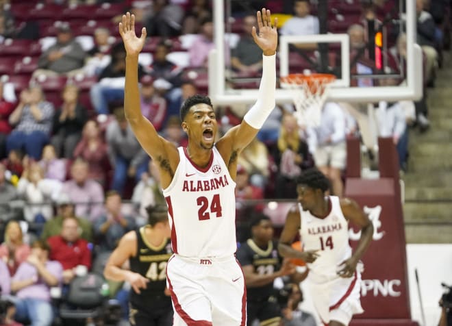 Alabama Crimson Tide forward Brandon Miller (24) reacts after hitting a three pointer against the Vanderbilt Commodores during the first half at Coleman Coliseum. Photo | Marvin Gentry-USA TODAY Sports