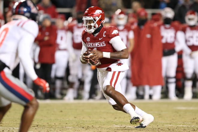 Arkansas quarterback KJ Jefferson threw for 168 yards and three touchdowns in Saturday's 42-27 win over Ole Miss. 