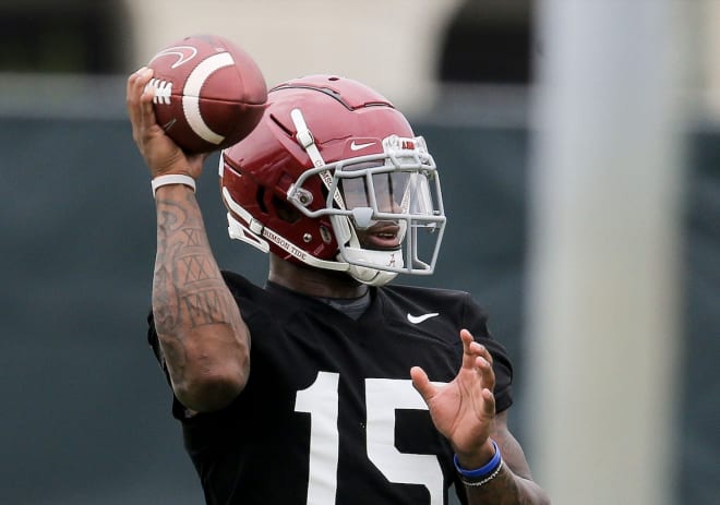 Quarterback Jalen Milroe works through a drill as the Alabama Crimson Tide opened practice for the 2021 season as they prepare to defend the 2020 National Championship. Photo | Gary Cosby Jr. via Imagn Content Services, LLC