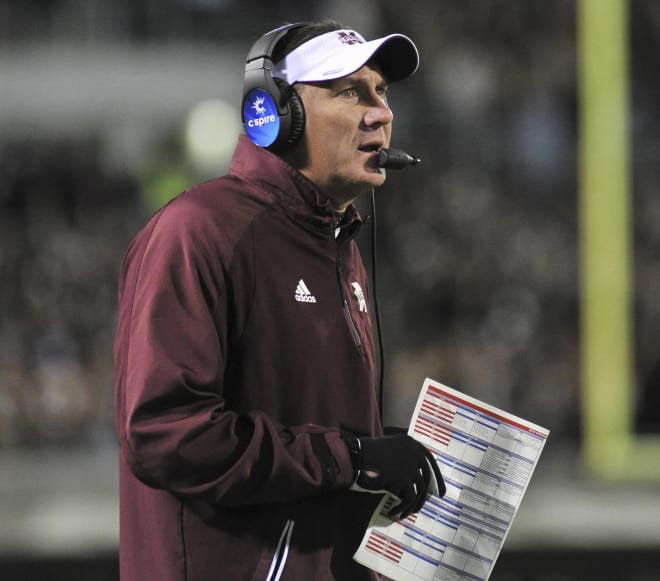 Mississippi State coach Dan Mullen looks on during the Bulldogs' loss to Arkansas Saturday night in Starkville, Miss. Mullen and the Bulldogs will be in Oxford Saturday for the Egg Bowl. Kickoff is set for 2:30 p.m. 