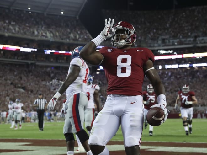 Alabama running back Josh Jacobs celebrates after scoring a touchdown against Ole Miss. Photo | Alabama Athletics