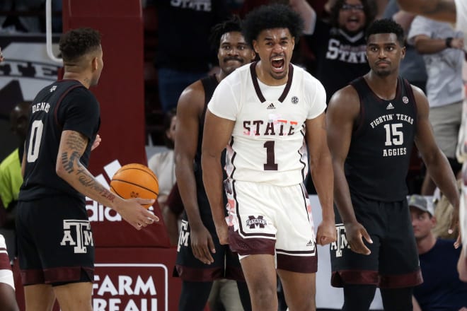 Caption: Feb 25, 2023; Starkville, Mississippi, USA; Mississippi State Bulldogs forward Tolu Smith (1) reacts after a basket during the second half against the Texas A&M Aggies at Humphrey Coliseum. 