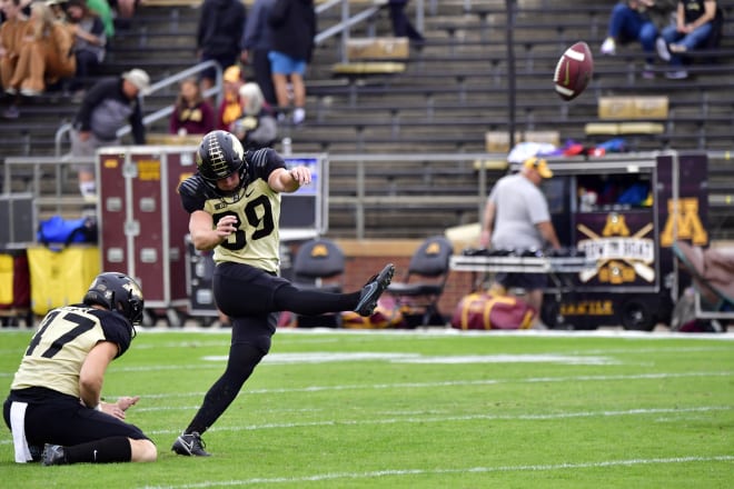 Oct 2, 2021; West Lafayette, Indiana, USA; Purdue Boilermakers place kicker Ben Freehill (39) warms up before the game against the Minnesota Golden Gophers at Ross-Ade Stadium. Mandatory Credit: Marc Lebryk-USA TODAY Sports