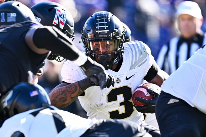 Nov 18, 2023; Evanston, Illinois, USA; Purdue Boilermakers running back Tyrone Tracy Jr. (3) runs the ball in the second quarter against the Northwestern Wildcats at Ryan Field. Mandatory Credit: Jamie Sabau-USA TODAY Sports