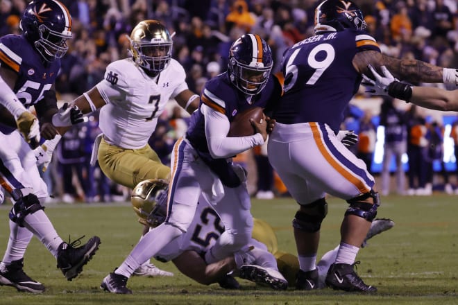 The Notre Dame defense sacked first-year UVa quarterback Jay Woolfolk seven times on Saturday night.