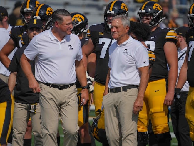 Brian Ferentz and Kirk Ferentz, prior to Iowa's season-opening game against South Dakota State in 2022. Iowa won that game 7-3 on a field goal and two safeties. © Bryon Houlgrave / USA TODAY NETWORK