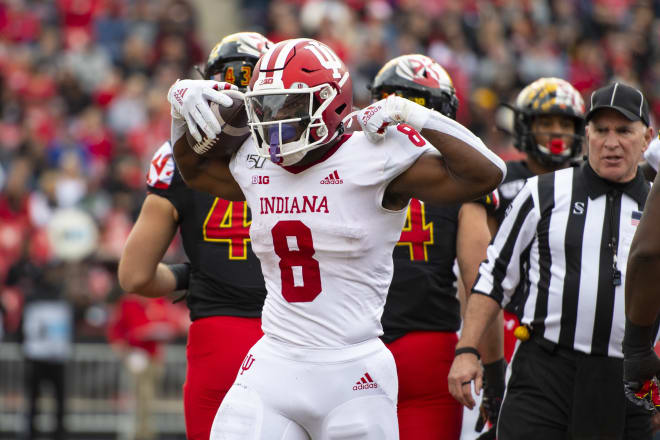 Indiana running back Stevie Scott flexes after scoring a touchdown against Maryland in the first half. (USA Today Images) 