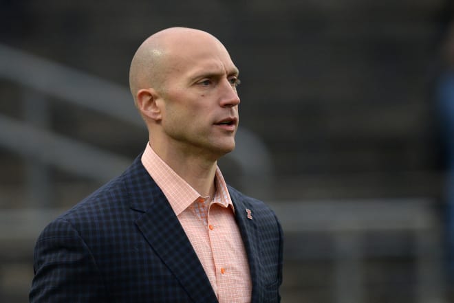 Illinois Fighting Illini Athletic Director Josh Whitman looks on during the Big Ten Conference game between the Illinois Fighting Illini and the Purdue Boilermakers on November 4, 2017, at Ross-Ade Stadium in West Lafayette, Indiana.