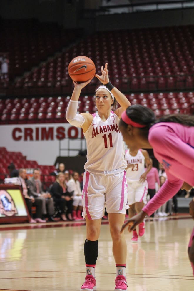 Hannah Cook, No. 11, shoots a free throw during the Power of Pink game in Coleman Coliseum on Feb. 12, 2017. Cook scored the winning basket with six seconds remaining in overtime to lead the University of Alabama women's basketball team to a 63-61 victory at Auburn on Monday night in Auburn Arena. [Photo/Sam MacDonald]