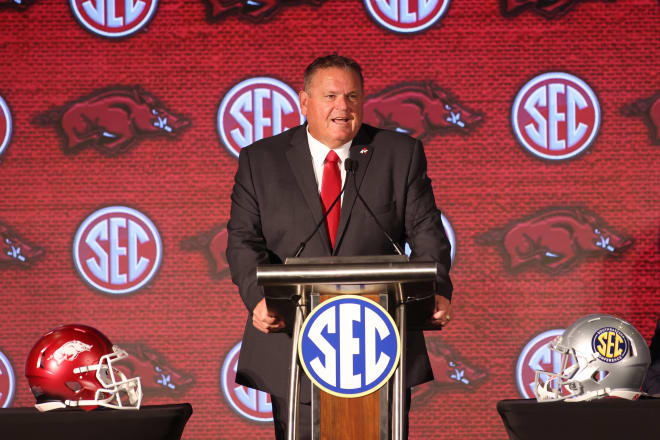 Sam Pittman speaks at 2021 SEC Media Days in Hoover, Ala.