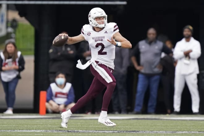 Mississippi State quarterback Will Rogers scrambles against Vanderbilt in the first half of an NCAA college football game Saturday, Oct. 23, 2021, in Nashville, Tenn.