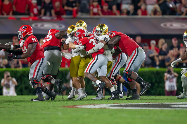 Notre Dame's swarming defense helped keep the Irish in the game right to the final series at No. 3 Georgia.