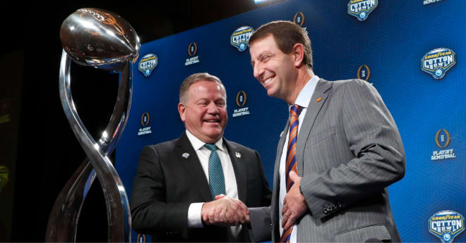 Notre Dame coach Brian Kelly (left) and Clemson coach Dabo Swinney (right). 