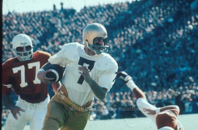 In his final Notre Dame game, Joe Theismann led the Irish to a 24-11 upset of Texas in the 1971 Cotton Bowl to end the Longhorns' 30-game winning streak.