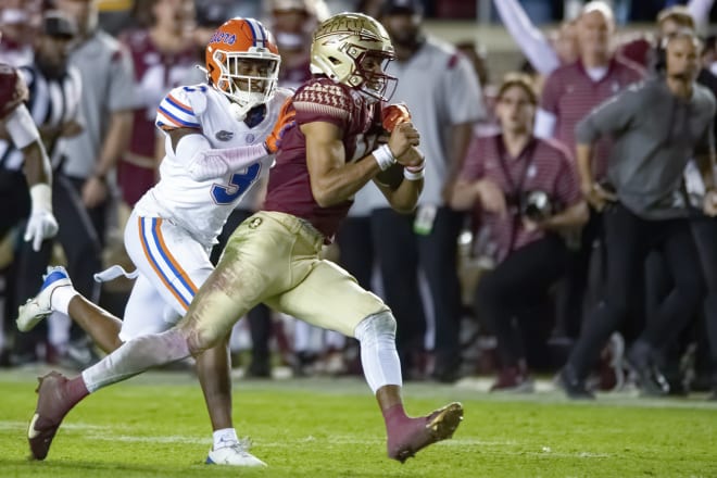 FSU quarterback Jordan Travis moved into the FSU all-time top 10 in both passing and rushing touchdowns in Friday's 45-38 win over Florida.