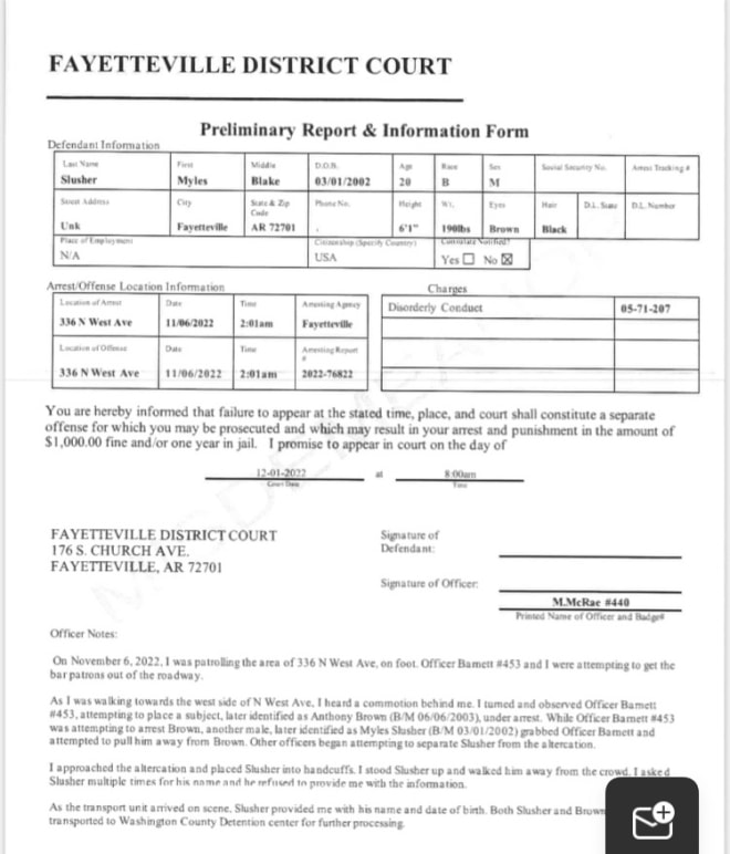 FPD report on Myles Slusher’s arrest, obtained by HawgBeat’s Robert Stewart.