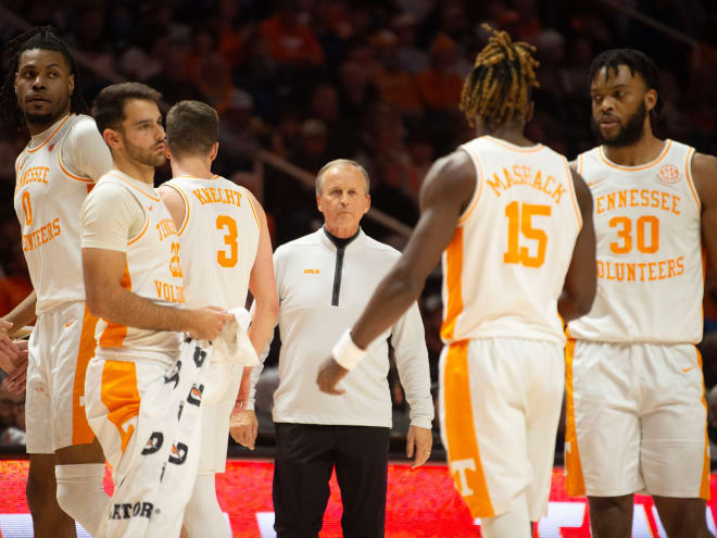 Tennessee basketball coach Rick Barnes approaches his team during an NCAA basketball game against Florida on Tuesday, January 16, 2024 in Knoxville, Tenn.
