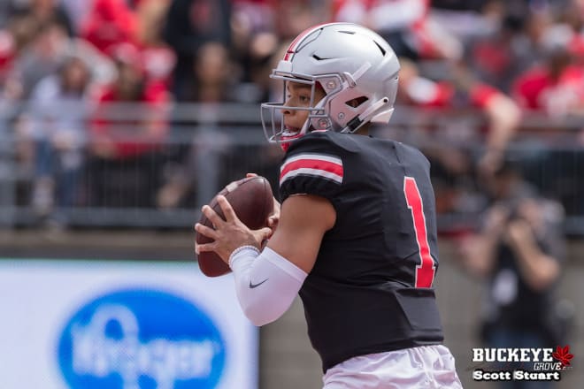 Justin Fields looking for receivers in the spring game. 