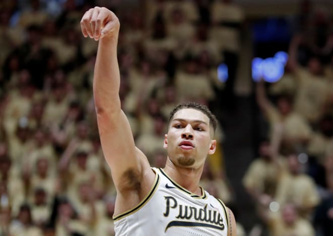 Purdue Boilermakers forward Mason Gillis (0) reacts after making a shot during the NCAA men s basketball game against the Wisconsin Badgers, Sunday, March 10, 2024, at Mackey Arena in West Lafayette, Ind. Purdue Boilermakers won 78-70.