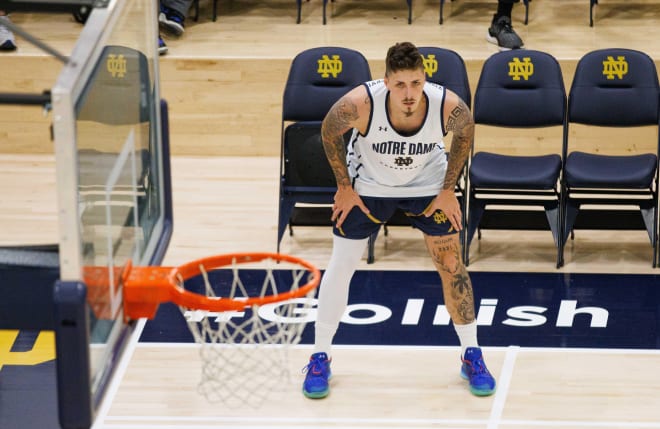 Monmouth transfer Nikita Konstantynovskyi gets in position during a Thursday Notre Dame men's basketball practice session at Rolfs Athletics Hall.