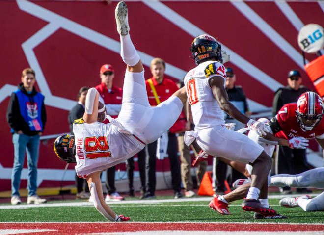 Maryland's C.J. Dippre (18) scores during the Indiana versus Maryland football game at Memorial Stadium on Saturday, Oct. 15, 2022. Photo | Rich Janzaruk/Herald-Times / USA TODAY NETWORK