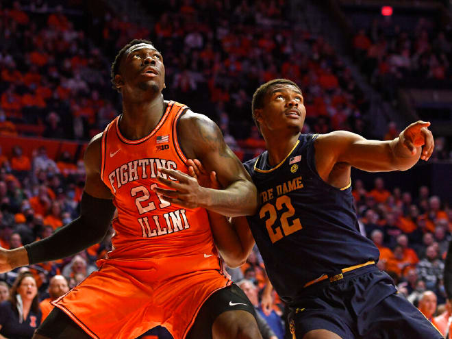 Notre Dame's Elijah Taylor, right, and Illinois' Kofi Cockburn prepare for a rebound during the first half of an 82-72 Illinois win in November.