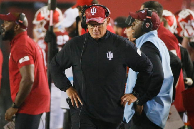 Indiana Hoosiers head coach Tom Allen walks along the sideline during the fourth quarter of a NCAA Division I football game between the Indiana Hoosiers and the Ohio State Buckeyes on Saturday, Oct. 23, 2021 at Memorial Stadium in Bloomington, Ind.