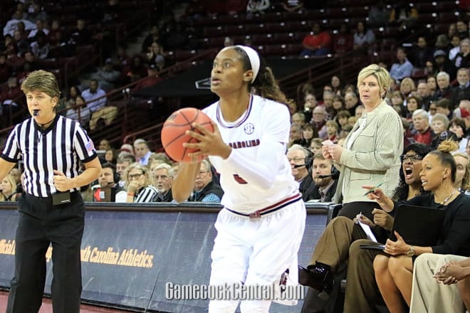 Kaela Davis lines up a three-point attempt during South Carolina's 98-58 drubbing of Minnesota Sunday afternoon at Colonial Life Arena. Davis was 6-of-10 from beyond the arc and finished with a game-high 22 points.
