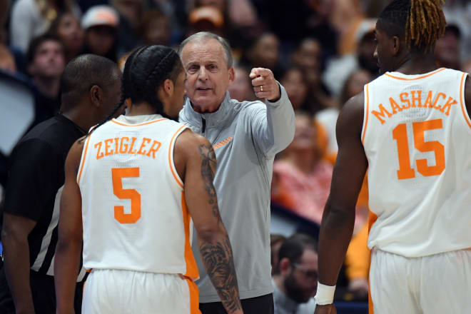 Mar 15, 2024; Nashville, TN, USA; Tennessee Volunteers head coach Rick Barnes talks with an official during the first half against the Mississippi State Bulldogs at Bridgestone Arena.