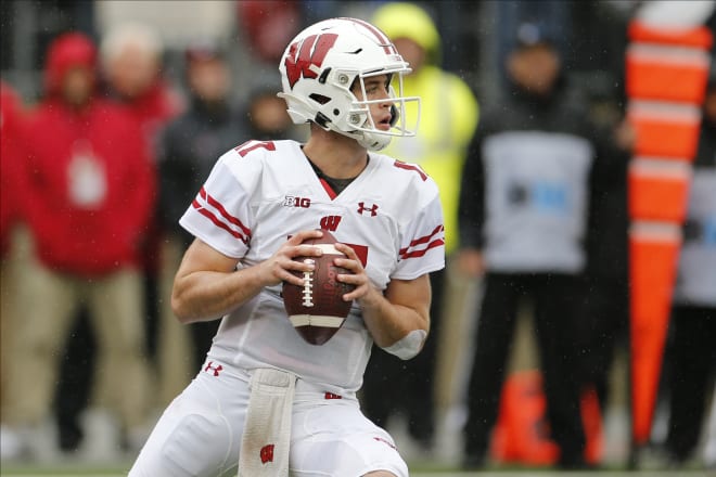 Notre Dame Fighting Irish football graduate transfer quarterback Jack Coan during his time at Wisconsin