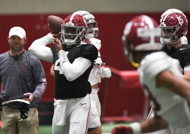 Alabama quarterback Jalen Milroe (4) throws pass routes during practice in the Hank Crisp Indoor Practice Facility at the University of Alabama. Photo | Gary Cosby Jr.-Tuscaloosa News / USA TODAY NETWORK