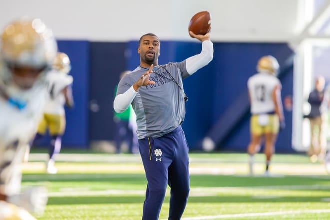Notre Dame cornerbacks coach Mike Mickens at practice