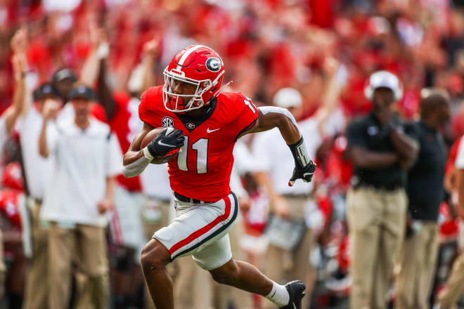 Arian Smith runs after the catch in Georgia's game against UAB. (Mackenzie Miles/UGA Sports Communications)