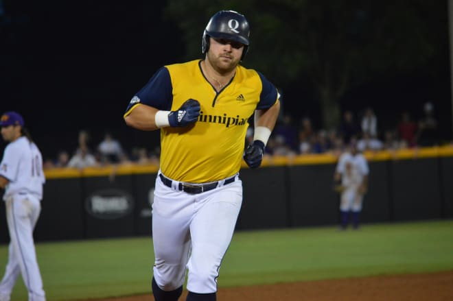 Liam Scafariello rounds the bases after his two-run homer in the seventh that proved to be the game winner for Quinnipiac.