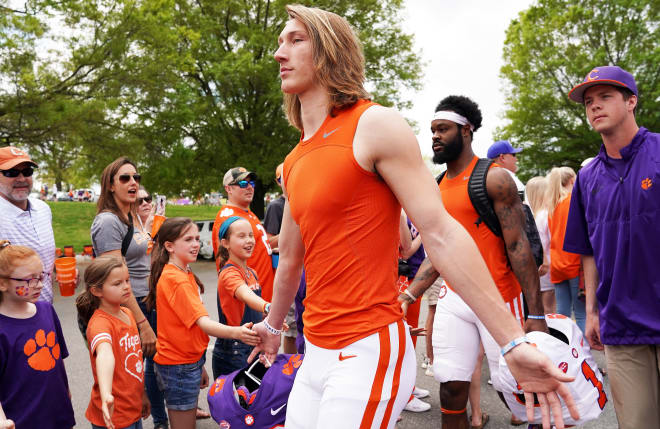 A focused Trevor Lawrence is shown here Saturday making his way to Death Valley before the start of Clemson's annual spring game.