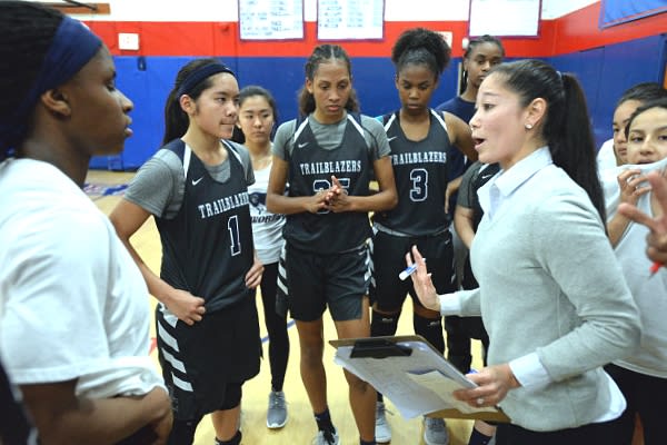 Coach Komaki during a team time out  