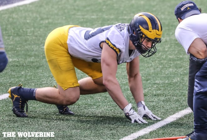Michigan Wolverines football end Gabe Newburg end has made substantial gains in the offseason.